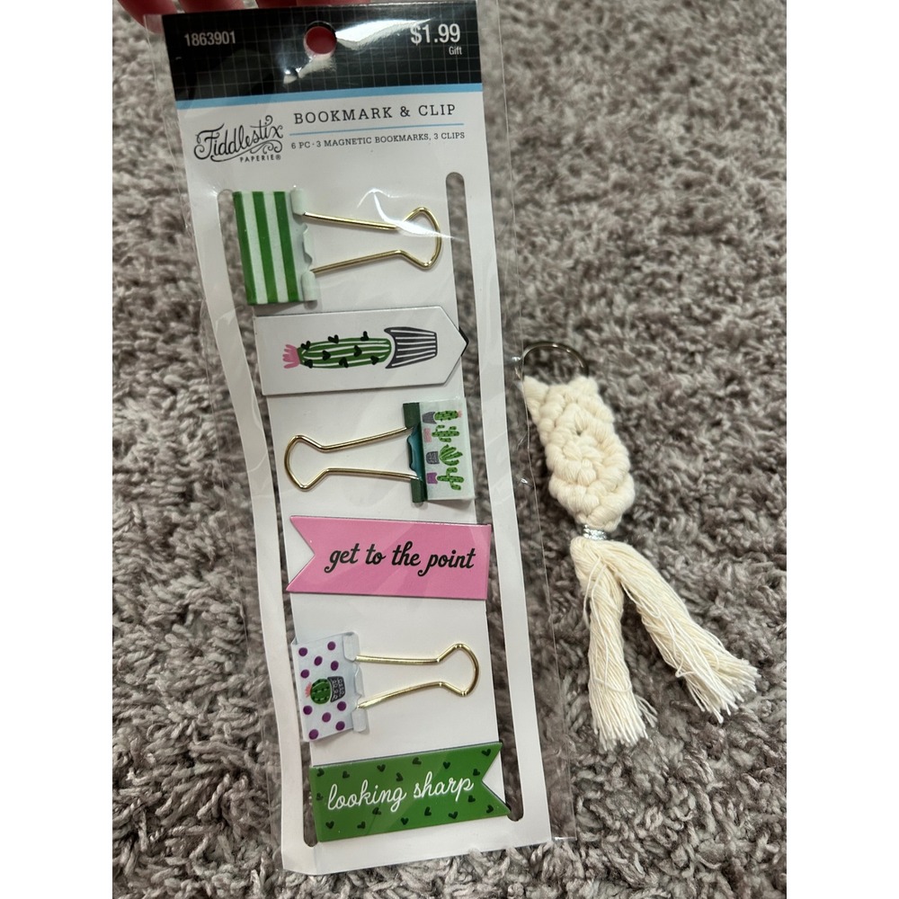Fiddlestix Paperie Cactus Magnetic Bookmarks Binder Clips & Macrame Keychain Set